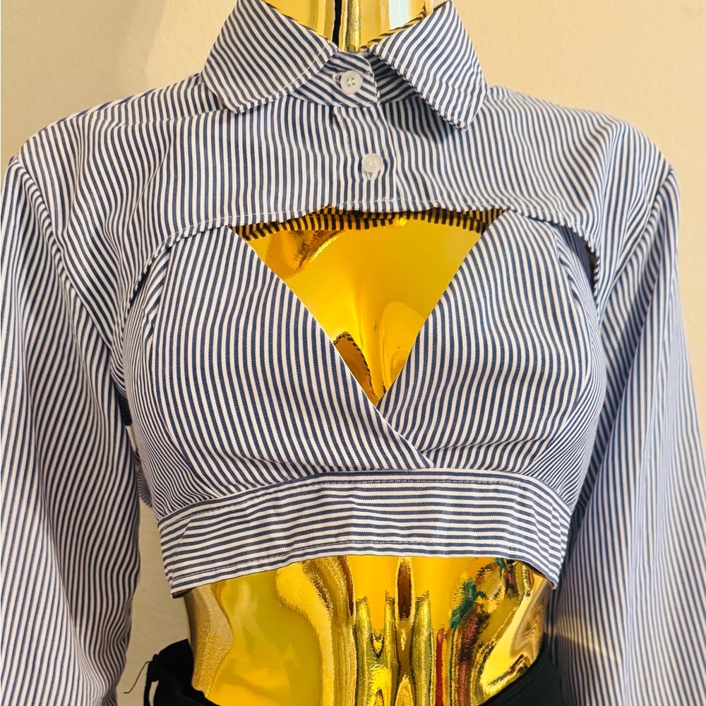 Navy White Striped Triangle Top Crop Bolero Shirt Set, Tie Back, Size L, NWOT